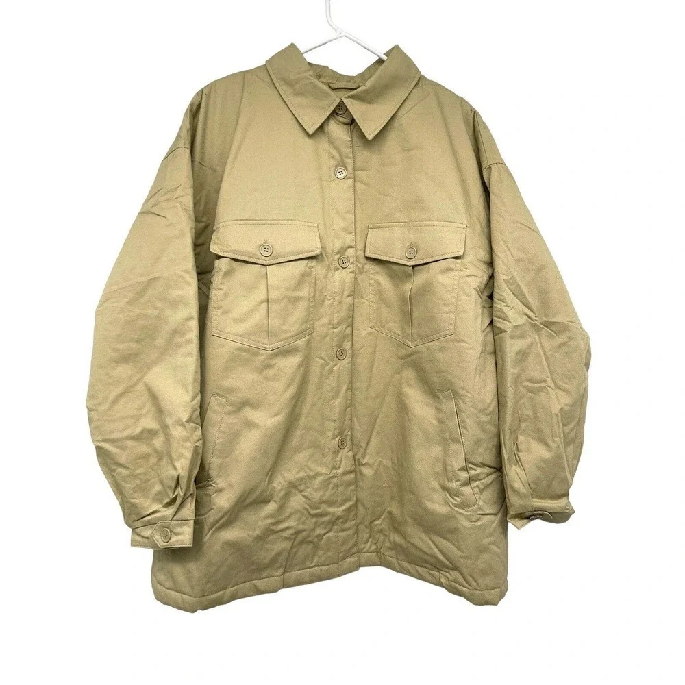 Bp. Women's Shacket Shirt Jacket Quilted with Pockets Button Front Size XL Tan